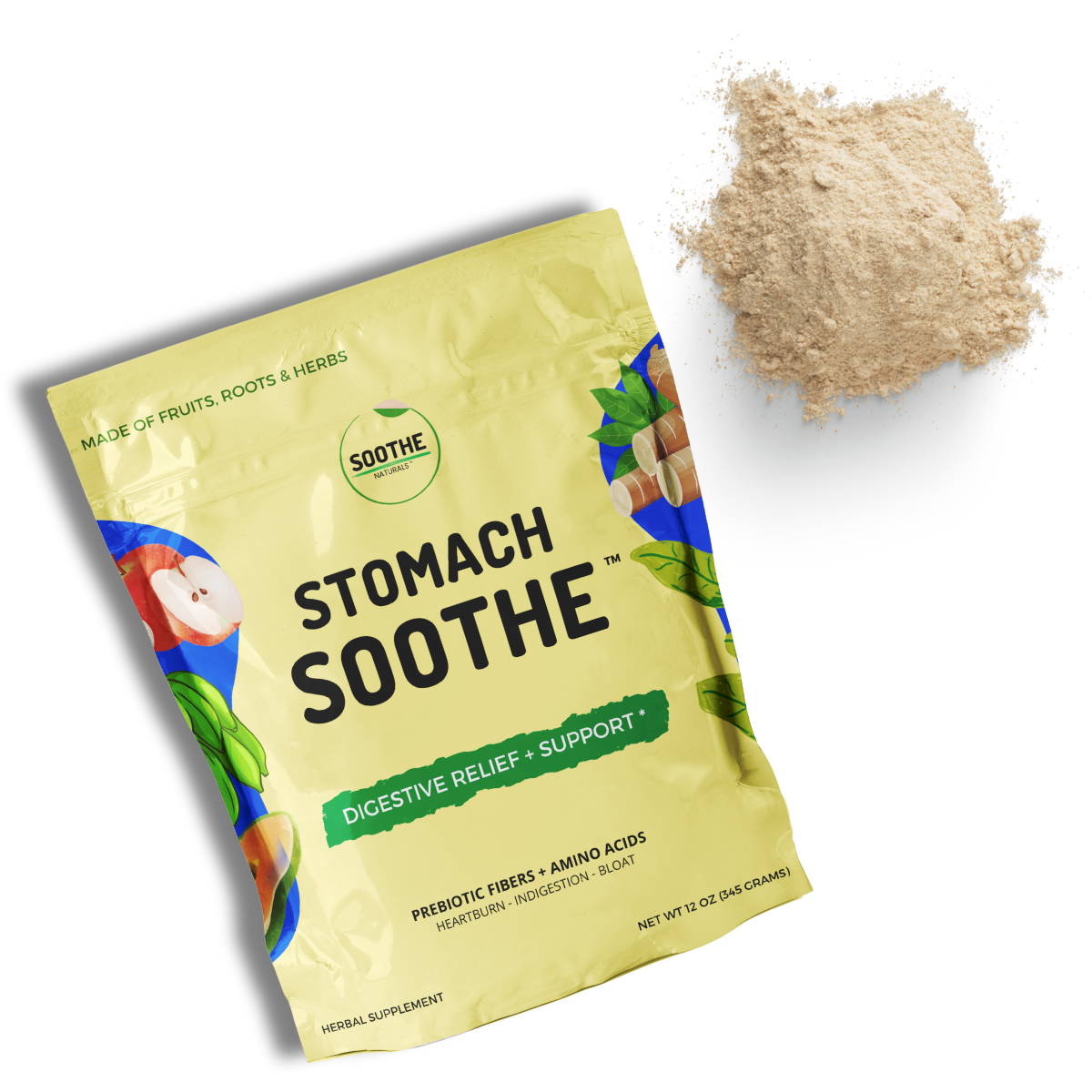 Stomach Soothe pouch with a pile of powder